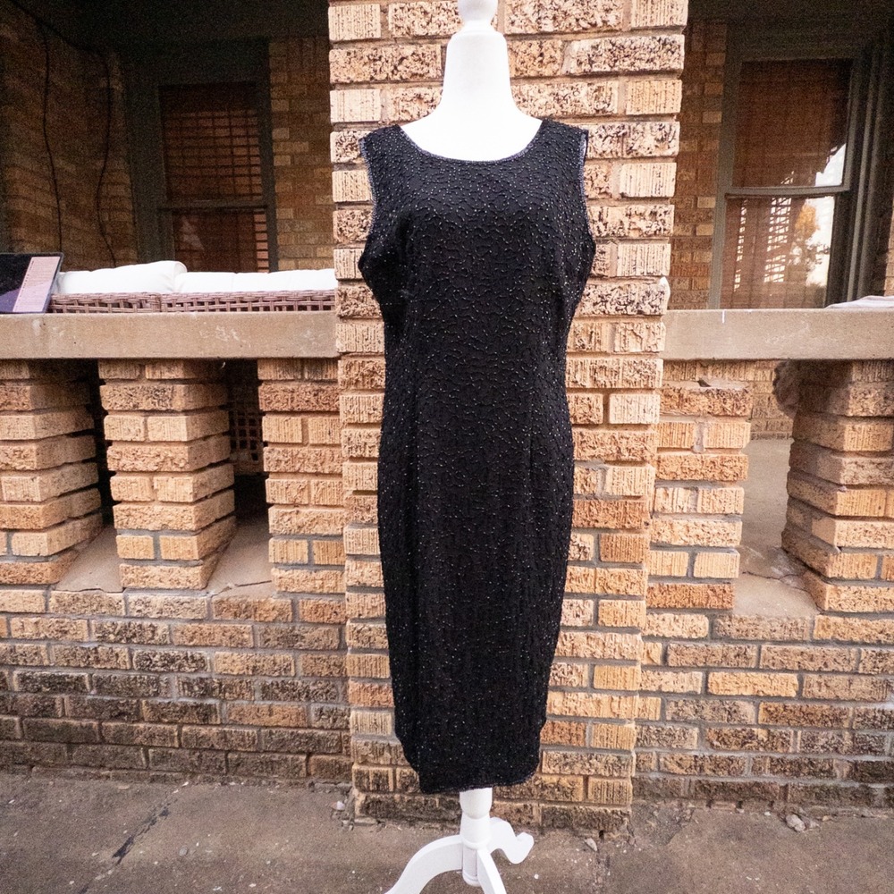 JMD New York Black Beaded Sleeveless Midi Dress Size L Formal Evening Cocktail